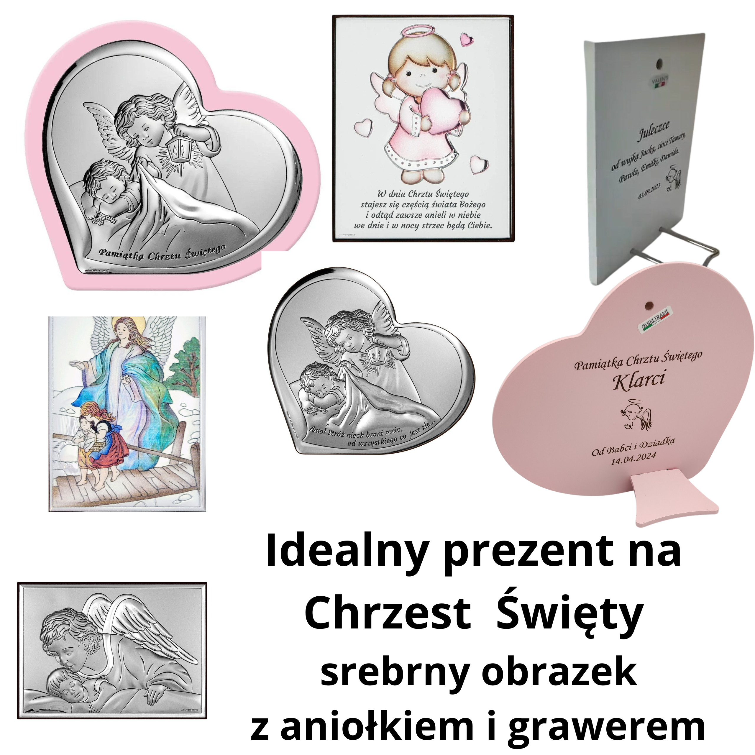  Idealny Prezent na Chrzest Święty -srebrny obrazek z Aniołkiem i grawerowanymi życzeniami