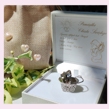 Srebrny wózek na chrzest, roczek, srebro 925 z różowym zdobieniem dla dziewczynki, pamiątka Chrztu, prezent