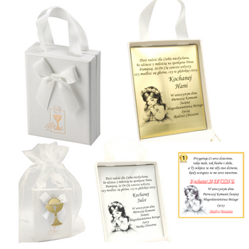 Pudełko do pakowania biżuterii +Torebka prezentowa +Grawerowana tabliczka zestaw do pakowania biżuterii na Pierwszą Komunię