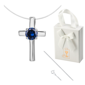 Krzyżyk srebrny zszafirową cyrkonią prezent na komunię świętą
