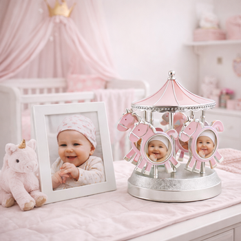 Karuzela Srebrna Różowa Chrzest Roczek Grawer Pozytywka  Ramka na zdjęcia
