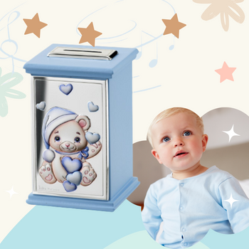 Skarbonka z pozytywką z misiem  dla chłopca z grawerem- prezent na Chrzest Św. roczek, urodziny