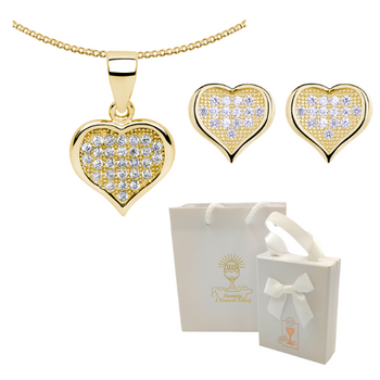 Srebrny pozłacany komplet kolczyki i wisiorek z łańcuszkiem serduszko - prezent na Pierwszą Komunię Św. dla dziewczynki