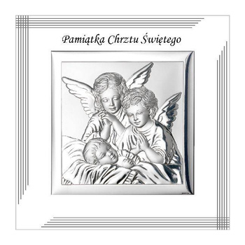 Obrazek srebrny z Aniołkami Pamiątka Chrztu Świętego grawer Valenti