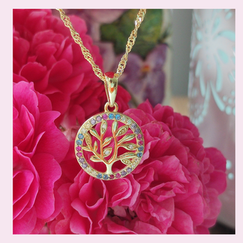 Naszyjnik drzewko szczęścia srebrny pozłacany z kolorowymi cyrkoniami