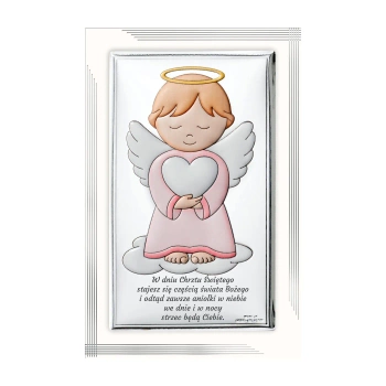 Obrazek na chrzest z aniołem stróżem z grawerem dla dziewczynki Valenti