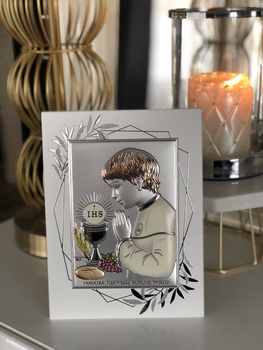 Obrazek srebrny pamiątka pierwszej  komunii świętej kolorowy dla chopca DONO