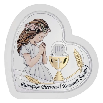 Obrazek srebrny serce pamiątka pierwszej  komunii świętej kolorowy dla dziewczynki
