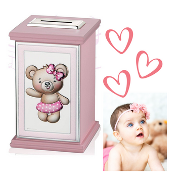 Skarbonka z misiem dla dziewczynki różowa Thilia grawer