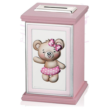 Skarbonka z pozytywką miś dla dziewczynki z grawerem- prezent na I Komunię Św.