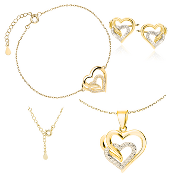 Srebrny pozłacany komplet biżuterii serca