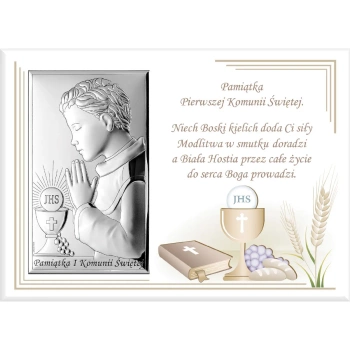 Obrazek srebrny pamiątka pierwszej  komunii świętej kolorowy dla chłopca