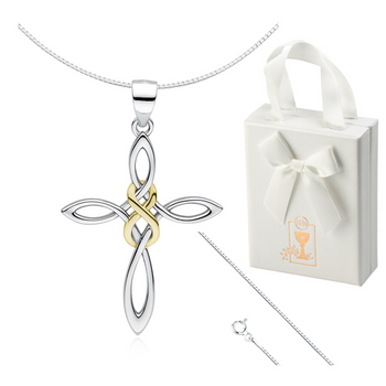 Srebrny (pr.925) krzyżyk z pozłacanym znakiem nieskończoności prezent na komunię świętą