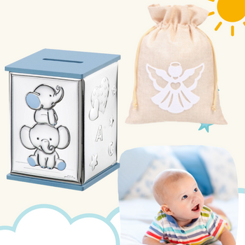 Skarbonka dwa słoniki  dla chłopca  z grawerem - prezent na Chrzest Św. roczek, urodziny