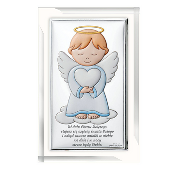 Obrazek na chrzest  z aniołem stróżem  pamiątka chrztu z grawerem dla chłopca