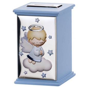 Skarbonka z pozytywką z aniołkiem na chmurce dla chłopca z grawerem- prezent na Chrzest Św. roczek, urodziny