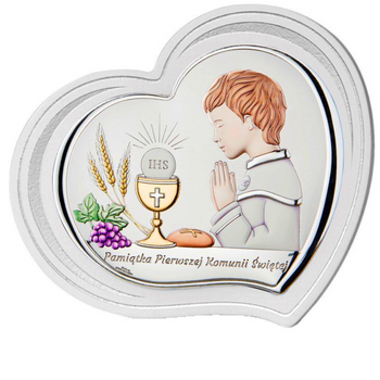 Obrazek srebrny serce pamiątka pierwszej  komunii świętej kolorowy dla chłopca