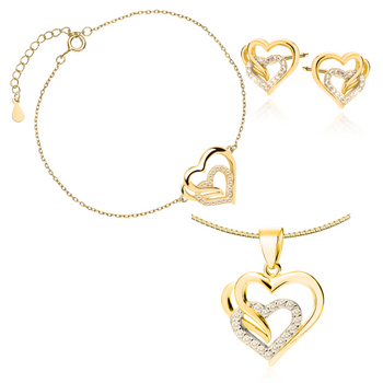 Komplet srebrnej biżuterii srebrne pozłacane kolczyki i naszyjnik i bransoletka  pr.925 koła z białymi cyrkoniami