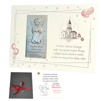 Obrazek z Aniołkiem na białym drewnianym panelu Pamiątka Chrztu  Świętego dla dziewczynki