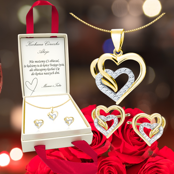 Srebrny pozłacany komplet biżuterii serca