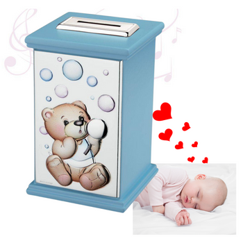 Skarbonka z pozytywką miś  dla Chłopca grawer - prezent na Chrzest Św. roczek, urodziny