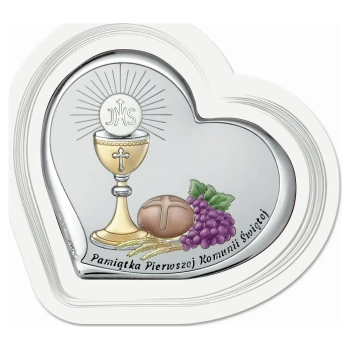 Obrazek srebrny pamiątka pierwszej  komunii świętej kolorowy