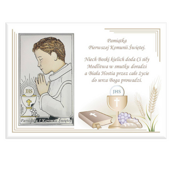 Obrazek srebrny pamiątka pierwszej komunii świętej kolorowy dla chłopca