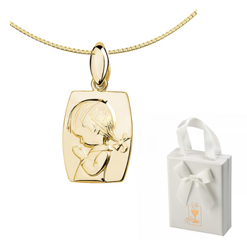 Srebrny pozłacany medalik - modlące się dziecko prezent na komunię