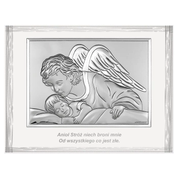 Obrazek srebrny z Aniołem Stróżem na Chrzest Święty grawer Beltrami