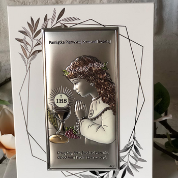 Obrazek srebrny pamiątka pierwszej  komunii świętej kolorowy dla dziewczynki DONO