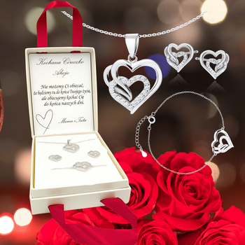 Srebrny komplet biżuterii serca - prezent dla córki z dedykacją