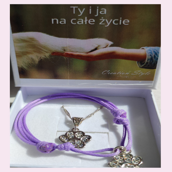 Prezent dla miłośniczki psów- zestaw bransoletka i wisiorek z białymi kryształkami