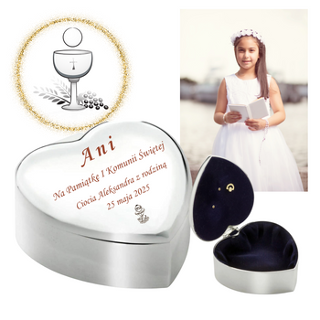 Szkatułka serce z pozytywką i grawerem prezent na komunię św.