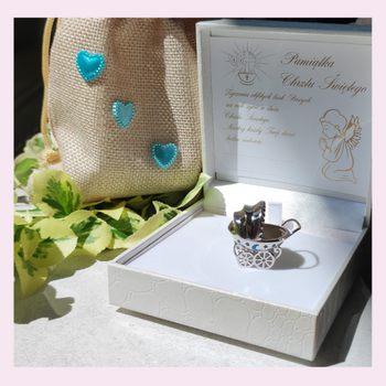 Srebrny wózek na chrzest, roczek, srebro 925 z niebieskim zdobieniem dla chłopca, pamiątka Chrztu, prezent