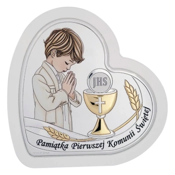 Obrazek srebrny serce pamiątka pierwszej  komunii świętej kolorowy dla chłopca