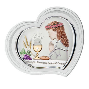 Obrazek srebrny serce pamiątka pierwszej  komunii świętej kolorowy dla dziewczynki