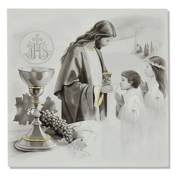 Obrazek pamiątka pierwszej komunii świętej malowany na drewnie czarno biały