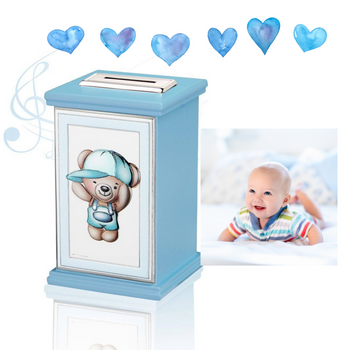 Skarbonka z misiem dla chłopca niebieska Thilia grawer