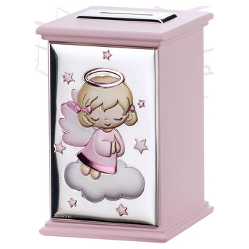 Skarbonka z pozytywką z aniołkiem na chmurce dla dziewczynki z grawerem- prezent na Chrzest Św. roczek, urodziny