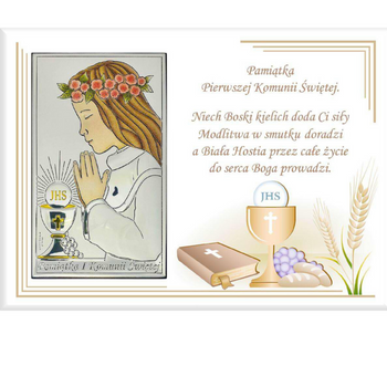 Obrazek srebrny pamiątka pierwszej komunii świętej kolorowy dla dziewczynki