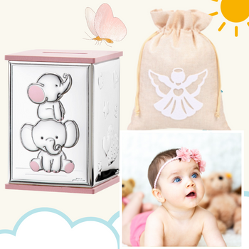 Skarbonka dwa słoniki  dla dziewczynki z grawerem - prezent na Chrzest Św. roczek, urodziny