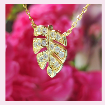 Naszyjnik  liść z cyrkoniami pozłacany