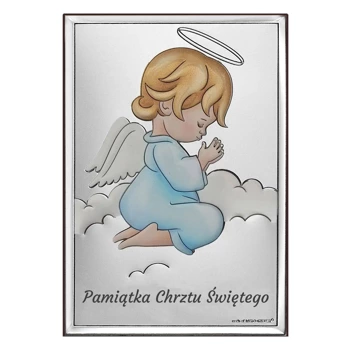 Aniołek - srebrny obrazek Pamiątka Chrztu Św.  dla chłopca