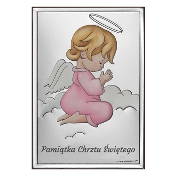 Aniołek - srebrny obrazek Pamiątka Chrztu Św.  dla dziewczynki Valenti