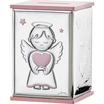Skarbonka z aniołkiem z sercem dla dziewczynki z grawerem- prezent na I Komunię Św.