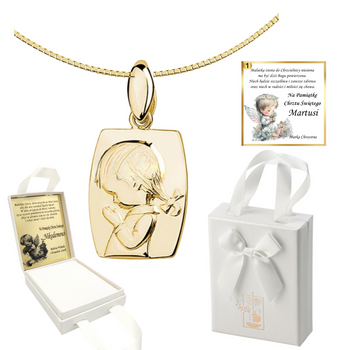 Srebrny pozłacany medalik - modlące się dziecko prezent na chrzest